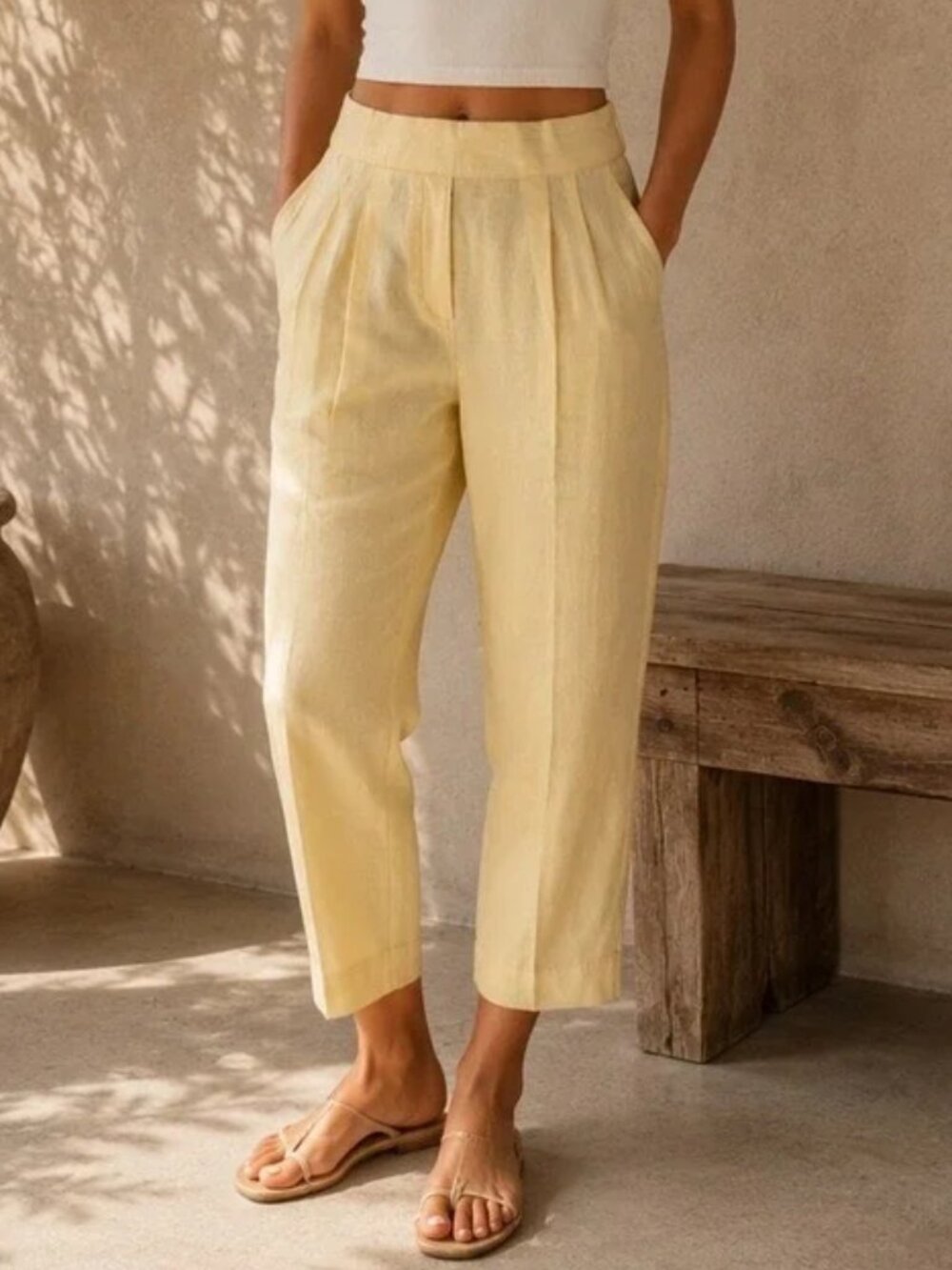 Aritzia Babaton Linen Butter Yellow Light Weight Pull On Pleated Pants Size 6